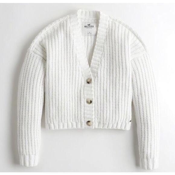 Hollister White Chenille Cropped Cardigan Sweater M Cute Summer Layer - Picture 6 of 9